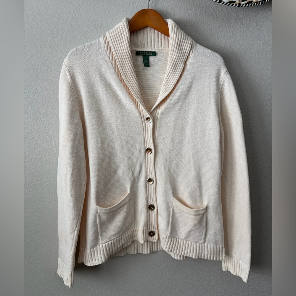 Ralph Lauren Button Front Cardigan Sweater Cream White Women’s Large L - Picture 2 of 12